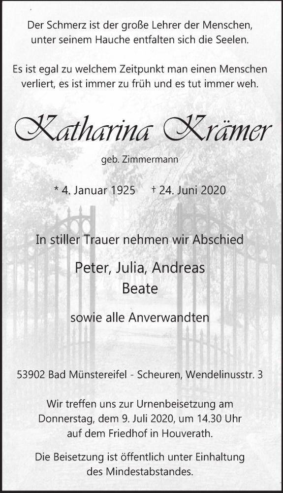  Traueranzeige für Katharina Krämer vom 04.07.2020 aus  Blickpunkt Euskirchen 