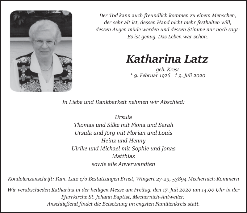  Traueranzeige für Katharina Latz vom 11.07.2020 aus  Blickpunkt Euskirchen 