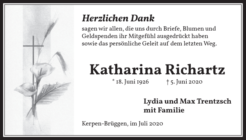  Traueranzeige für Katharina Richartz vom 17.07.2020 aus  Werbepost 