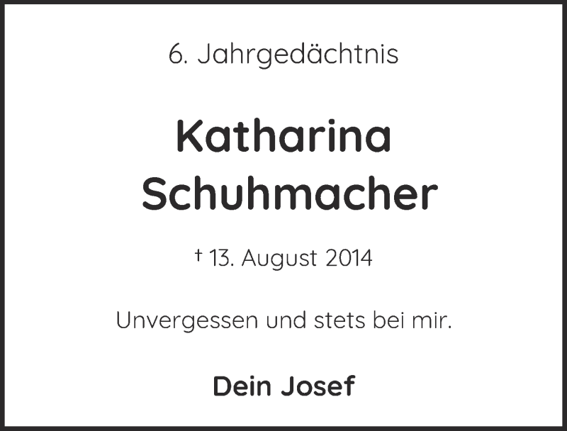  Traueranzeige für Katharina Schuhmacher vom 17.07.2020 aus  Kölner Wochenspiegel 