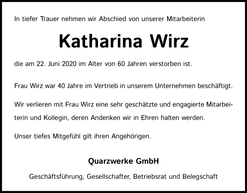  Traueranzeige für Katharina Wirz vom 18.07.2020 aus Kölner Stadt-Anzeiger / Kölnische Rundschau / Express