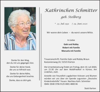Anzeige von Kathrinchen Schmitter von Kölner Stadt-Anzeiger / Kölnische Rundschau / Express