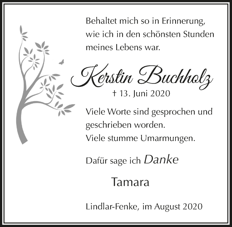  Traueranzeige für Kerstin Buchholz vom 31.07.2020 aus  Anzeigen Echo 