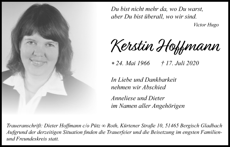  Traueranzeige für Kerstin Hoffmann vom 25.07.2020 aus Kölner Stadt-Anzeiger / Kölnische Rundschau / Express
