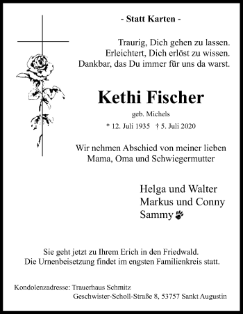 Anzeige von Kethi Fischer von Kölner Stadt-Anzeiger / Kölnische Rundschau / Express