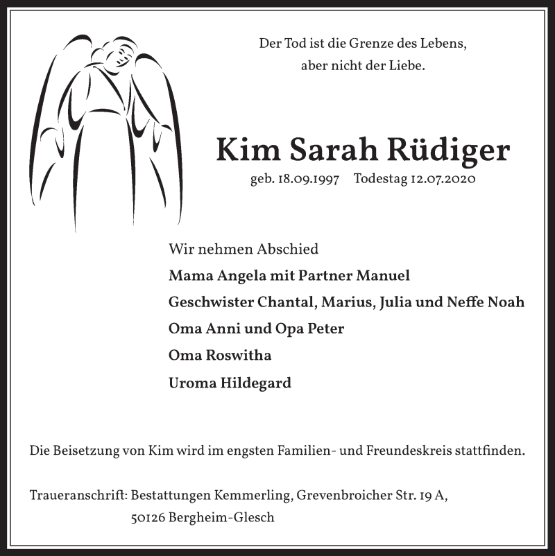  Traueranzeige für Kim Sarah Rüdiger vom 24.07.2020 aus  Werbepost 