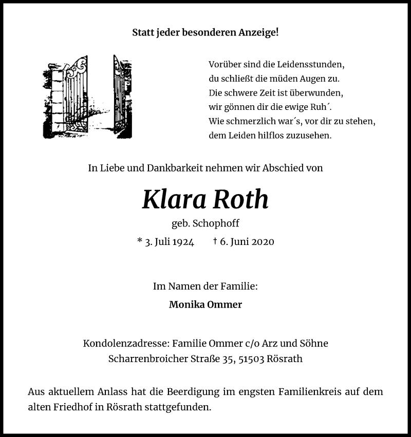  Traueranzeige für Klara Roth vom 04.07.2020 aus Kölner Stadt-Anzeiger / Kölnische Rundschau / Express