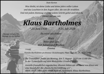 Anzeige von Klaus Bartholmes von Kölner Stadt-Anzeiger / Kölnische Rundschau / Express