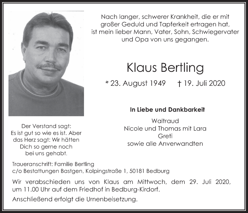  Traueranzeige für Klaus Bertling vom 24.07.2020 aus  Werbepost 