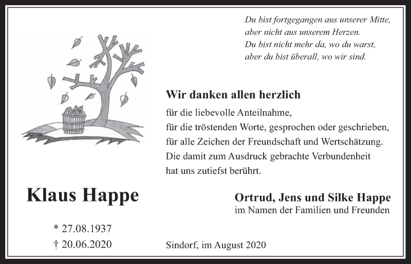  Traueranzeige für Klaus Happe vom 31.07.2020 aus  Werbepost 