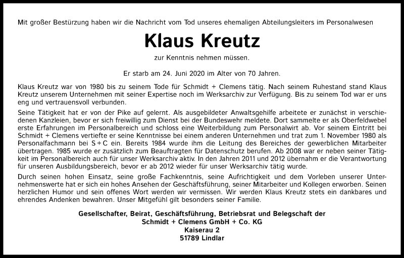  Traueranzeige für Klaus Kreutz vom 04.07.2020 aus Kölner Stadt-Anzeiger / Kölnische Rundschau / Express