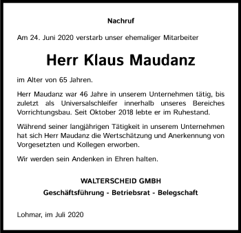 Anzeige von Klaus Maudanz von Kölner Stadt-Anzeiger / Kölnische Rundschau / Express