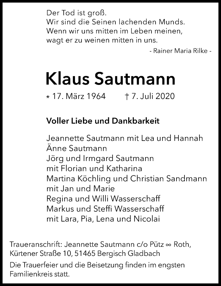  Traueranzeige für Klaus Sautmann vom 18.07.2020 aus Kölner Stadt-Anzeiger / Kölnische Rundschau / Express