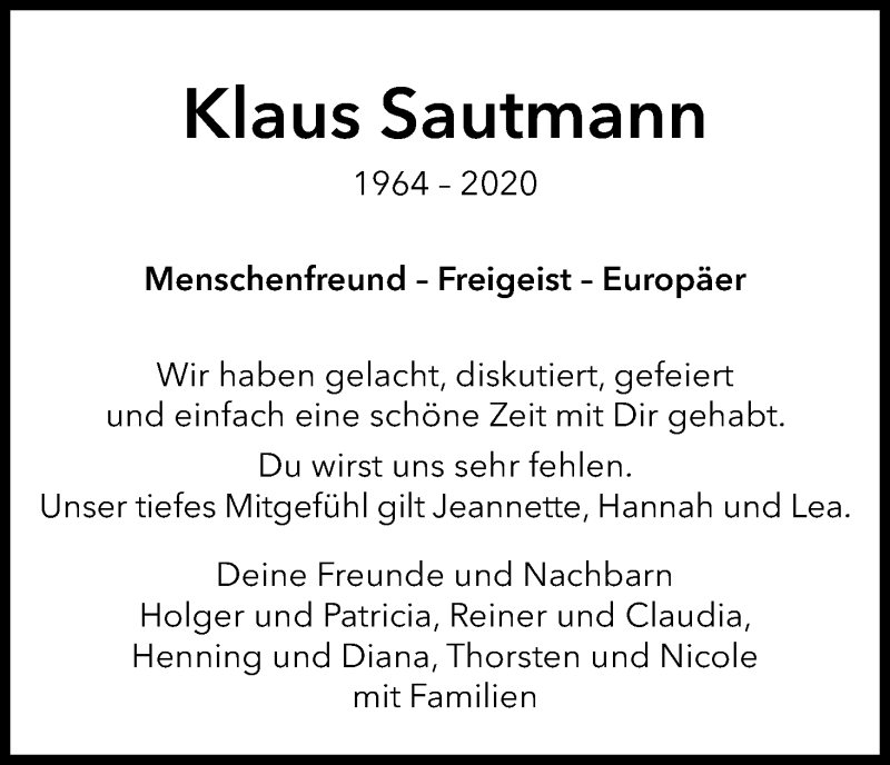  Traueranzeige für Klaus Sautmann vom 18.07.2020 aus Kölner Stadt-Anzeiger / Kölnische Rundschau / Express