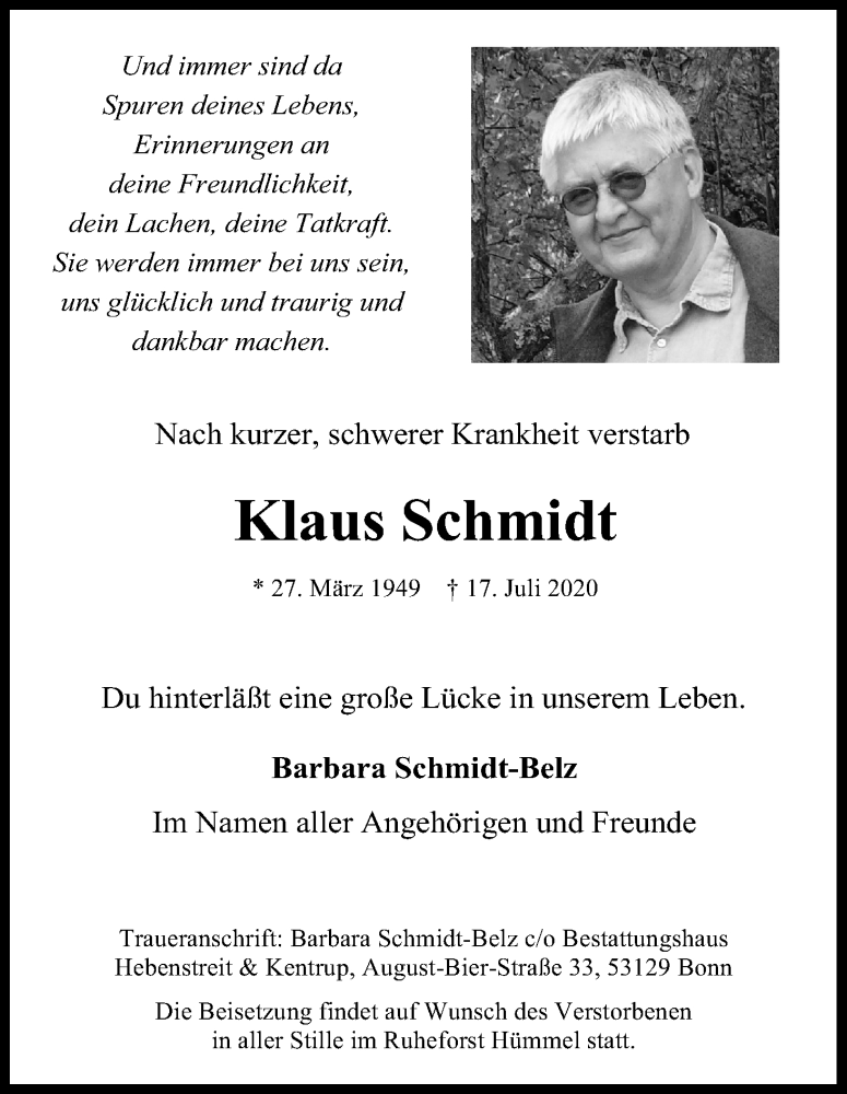  Traueranzeige für Klaus Schmidt vom 25.07.2020 aus Kölner Stadt-Anzeiger / Kölnische Rundschau / Express