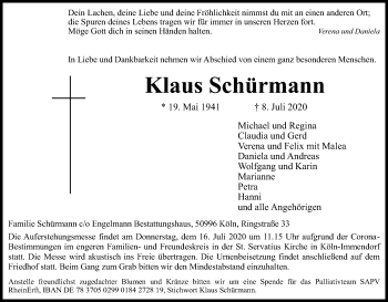 Anzeige von Klaus Schürmann von Kölner Stadt-Anzeiger / Kölnische Rundschau / Express