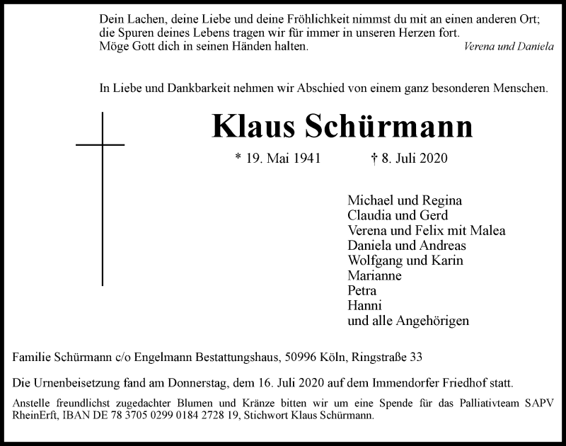  Traueranzeige für Klaus Schürmann vom 17.07.2020 aus  Kölner Wochenspiegel 