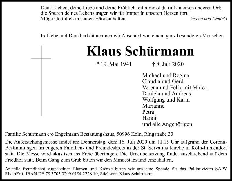  Traueranzeige für Klaus Schürmann vom 11.07.2020 aus Kölner Stadt-Anzeiger / Kölnische Rundschau / Express