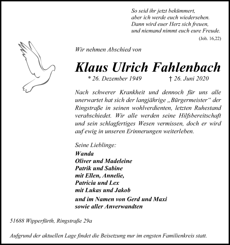  Traueranzeige für Klaus Ulrich Fahlenbach vom 02.07.2020 aus Kölner Stadt-Anzeiger / Kölnische Rundschau / Express