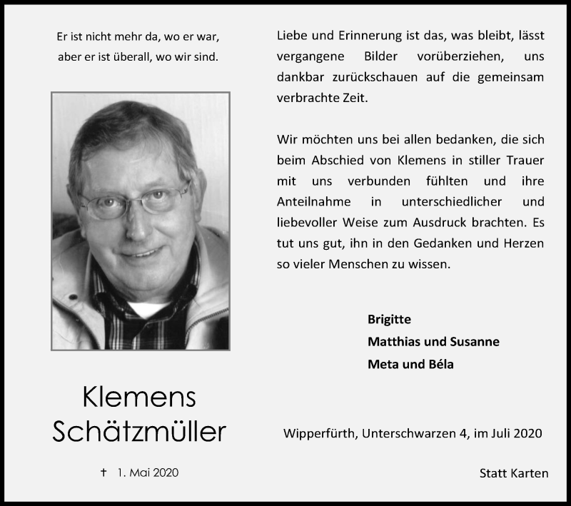  Traueranzeige für Klemens Schätzmüller vom 04.07.2020 aus Kölner Stadt-Anzeiger / Kölnische Rundschau / Express
