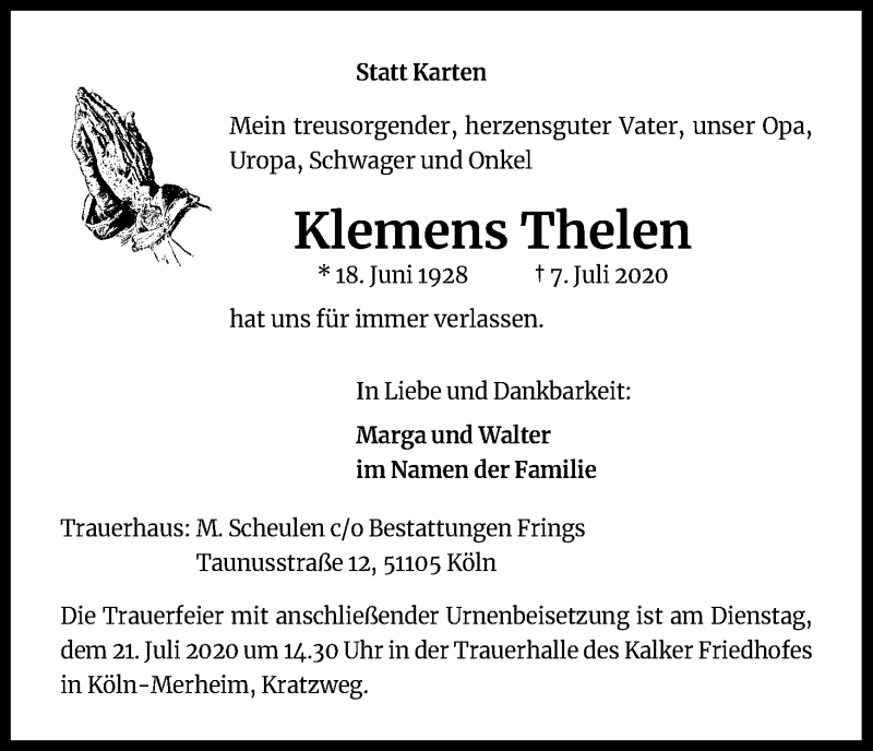  Traueranzeige für Klemens Thelen vom 18.07.2020 aus Kölner Stadt-Anzeiger / Kölnische Rundschau / Express
