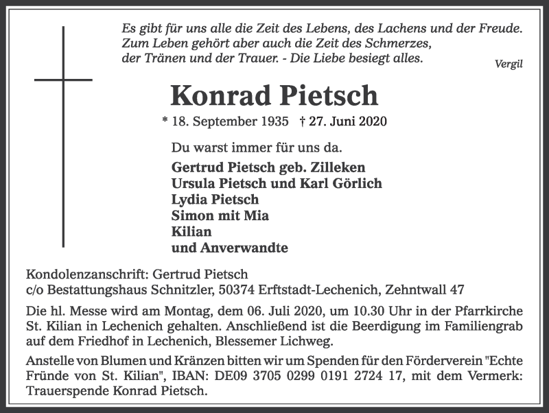  Traueranzeige für Konrad Pietsch vom 03.07.2020 aus  Werbepost 