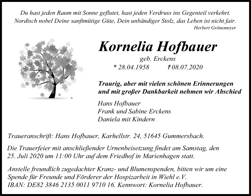 Traueranzeige für Kornelia Hofbauer vom 18.07.2020 aus Kölner Stadt-Anzeiger / Kölnische Rundschau / Express