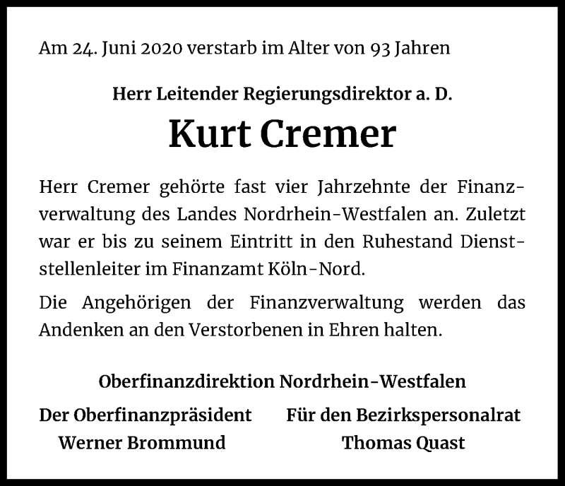  Traueranzeige für Kurt Cremer vom 04.07.2020 aus Kölner Stadt-Anzeiger / Kölnische Rundschau / Express
