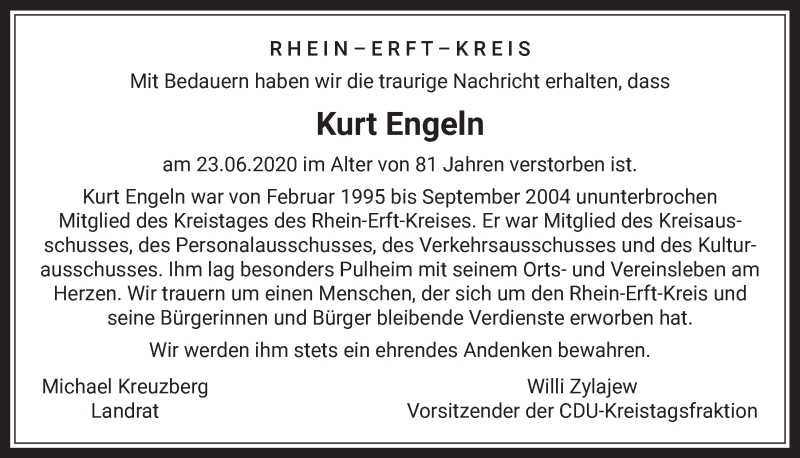  Traueranzeige für Kurt Engeln vom 24.07.2020 aus  Wochenende 