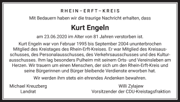 Anzeige von Kurt Engeln von  Wochenende 