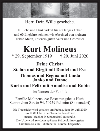 Anzeige von Kurt Molineus von  Wochenende 