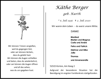 Anzeige von Käthe Berger von  Bergisches Handelsblatt 
