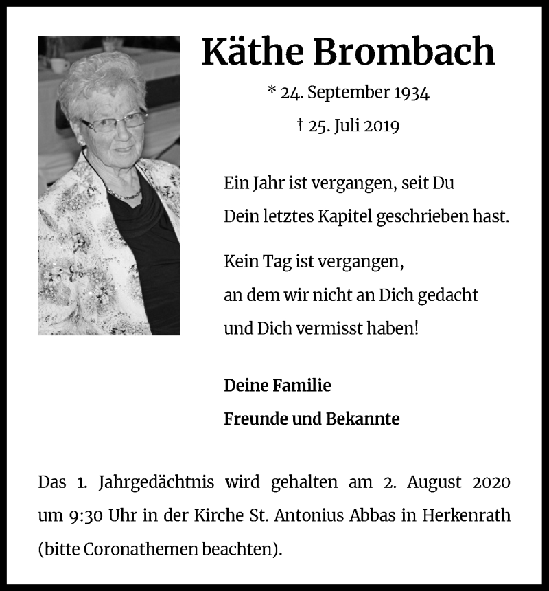  Traueranzeige für Käthe Brombach vom 30.07.2020 aus Kölner Stadt-Anzeiger / Kölnische Rundschau / Express