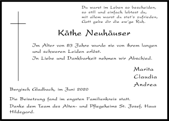Anzeige von Käthe Neuhäuser von  Bergisches Handelsblatt 
