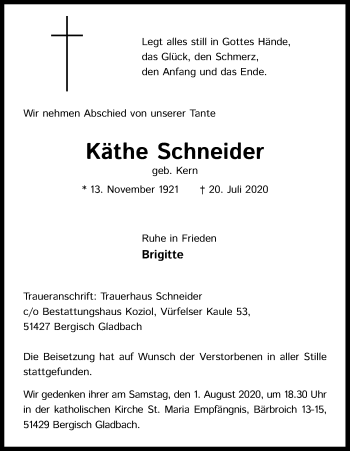 Anzeige von Käthe Schneider von Kölner Stadt-Anzeiger / Kölnische Rundschau / Express