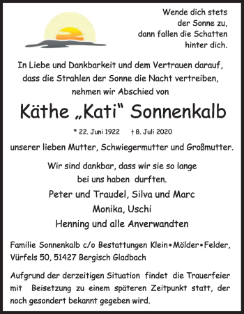 Anzeige von Käthe Sonnenkalb von Kölner Stadt-Anzeiger / Kölnische Rundschau / Express