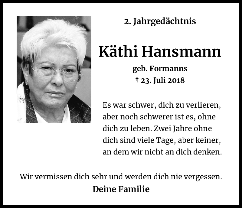  Traueranzeige für Käthi Hansmann vom 23.07.2020 aus Kölner Stadt-Anzeiger / Kölnische Rundschau / Express