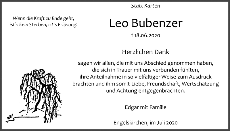  Traueranzeige für Leo Bubenzer vom 25.07.2020 aus Kölner Stadt-Anzeiger / Kölnische Rundschau / Express