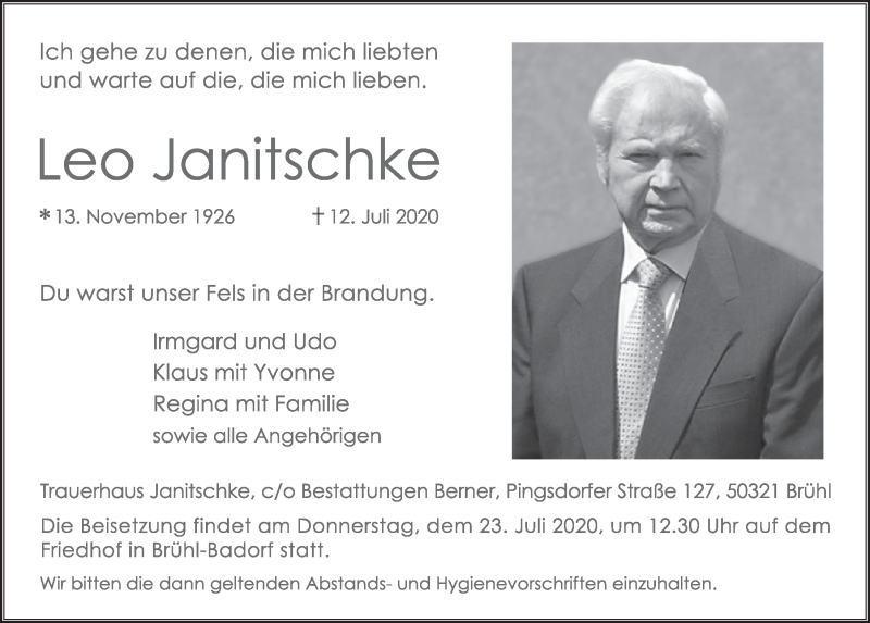  Traueranzeige für Leo Janitschke vom 17.07.2020 aus  Schlossbote/Werbekurier 