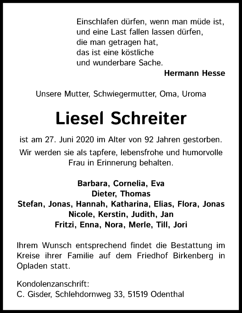  Traueranzeige für Liesel Schreiter vom 04.07.2020 aus Kölner Stadt-Anzeiger / Kölnische Rundschau / Express