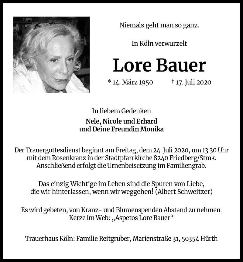  Traueranzeige für Lore Bauer vom 23.07.2020 aus Kölner Stadt-Anzeiger / Kölnische Rundschau / Express
