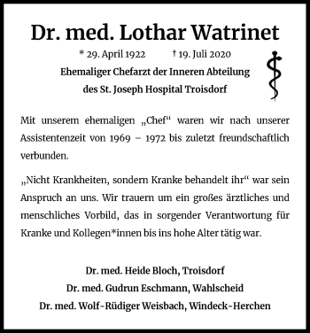 Anzeige von Lothar Watrinet von Kölner Stadt-Anzeiger / Kölnische Rundschau / Express