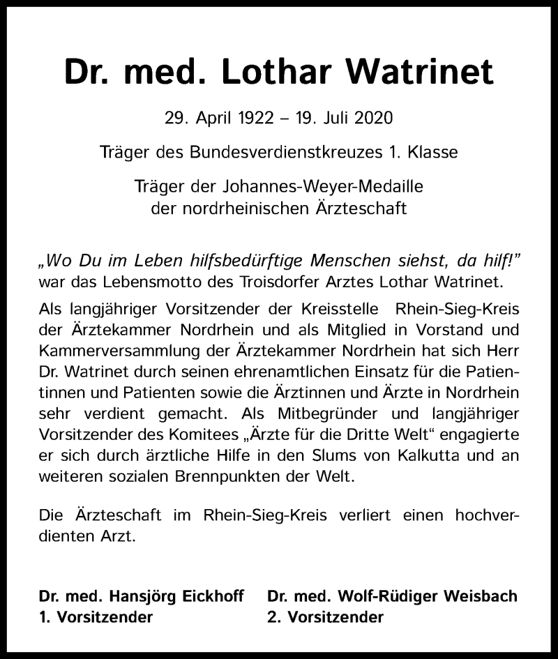  Traueranzeige für Lothar Watrinet vom 24.07.2020 aus Kölner Stadt-Anzeiger / Kölnische Rundschau / Express