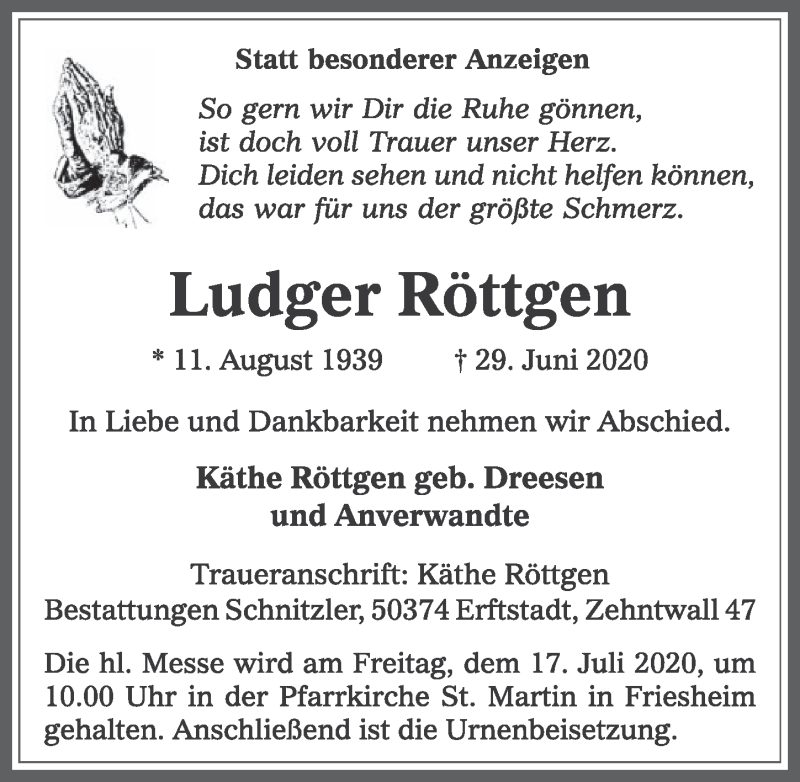  Traueranzeige für Ludger Röttgen vom 10.07.2020 aus  Werbepost 
