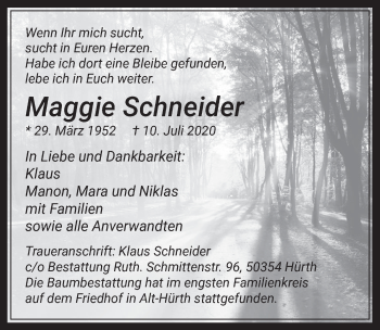 Anzeige von Maggie Schneider von  Wochenende 