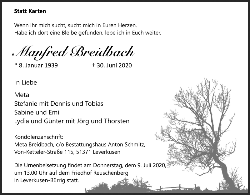  Traueranzeige für Manfred Breidbach vom 04.07.2020 aus Kölner Stadt-Anzeiger / Kölnische Rundschau / Express