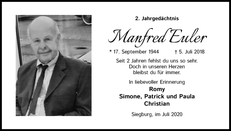  Traueranzeige für Manfred Euler vom 04.07.2020 aus Kölner Stadt-Anzeiger / Kölnische Rundschau / Express