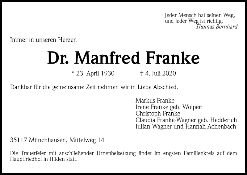  Traueranzeige für Manfred Franke vom 09.07.2020 aus Kölner Stadt-Anzeiger / Kölnische Rundschau / Express