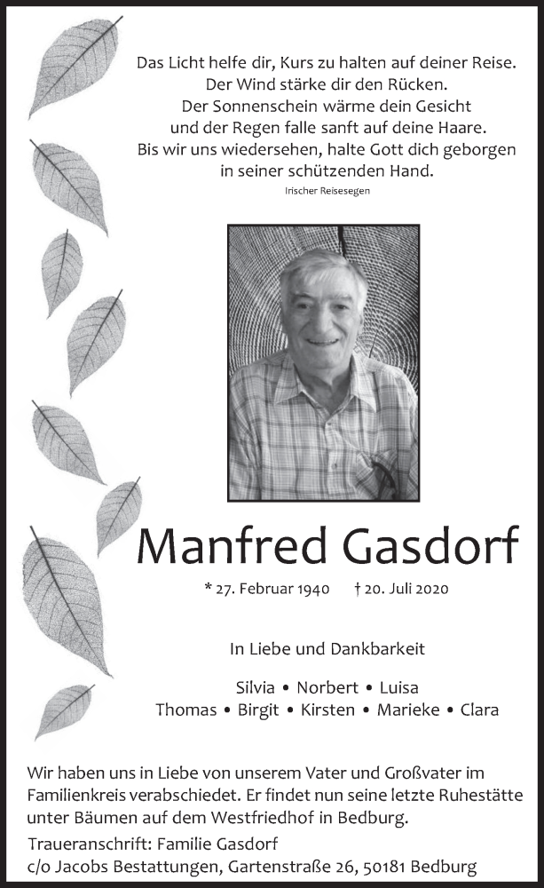  Traueranzeige für Manfred Gasdorf vom 31.07.2020 aus  Werbepost 