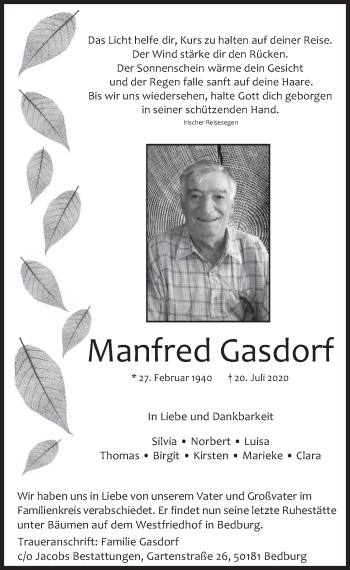 Anzeige von Manfred Gasdorf von  Werbepost 